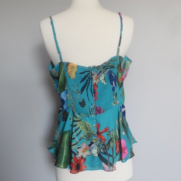 Parker Blue Azule Sardinia Hawaii Exotic Leaves Floral Tank Cocktail Top Blouse - Picture 5 of 8